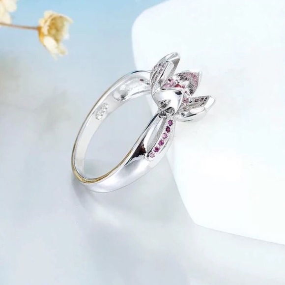 Romantic Pink CZ Sterling Silver Lotus Flower Ring - Picture 5 of 5